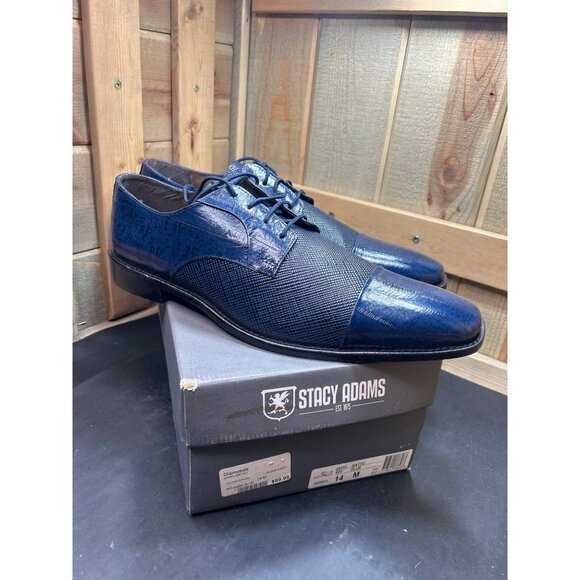Stacy Adams Mens 14M Dark Blue Cap Toe Oxford Shoes With Memory Foam - Picture 1 of 9